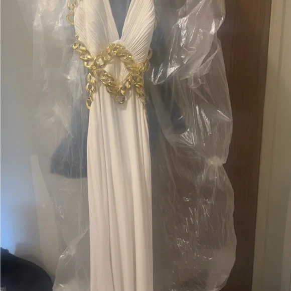 jovani white and gold prom dress Jovani 43623 White/Gold Sequin Gown with Open Back